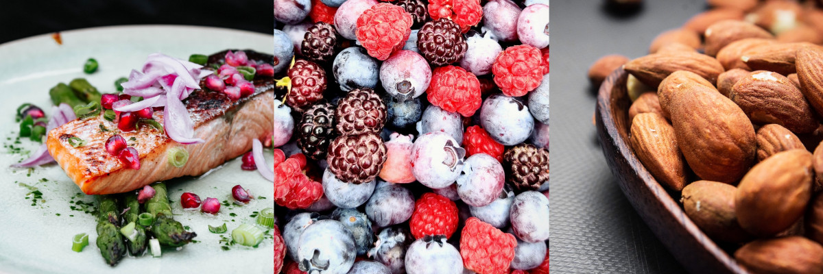 3 photos : un saumon en plat, des baies rouges surgelées, des amandes