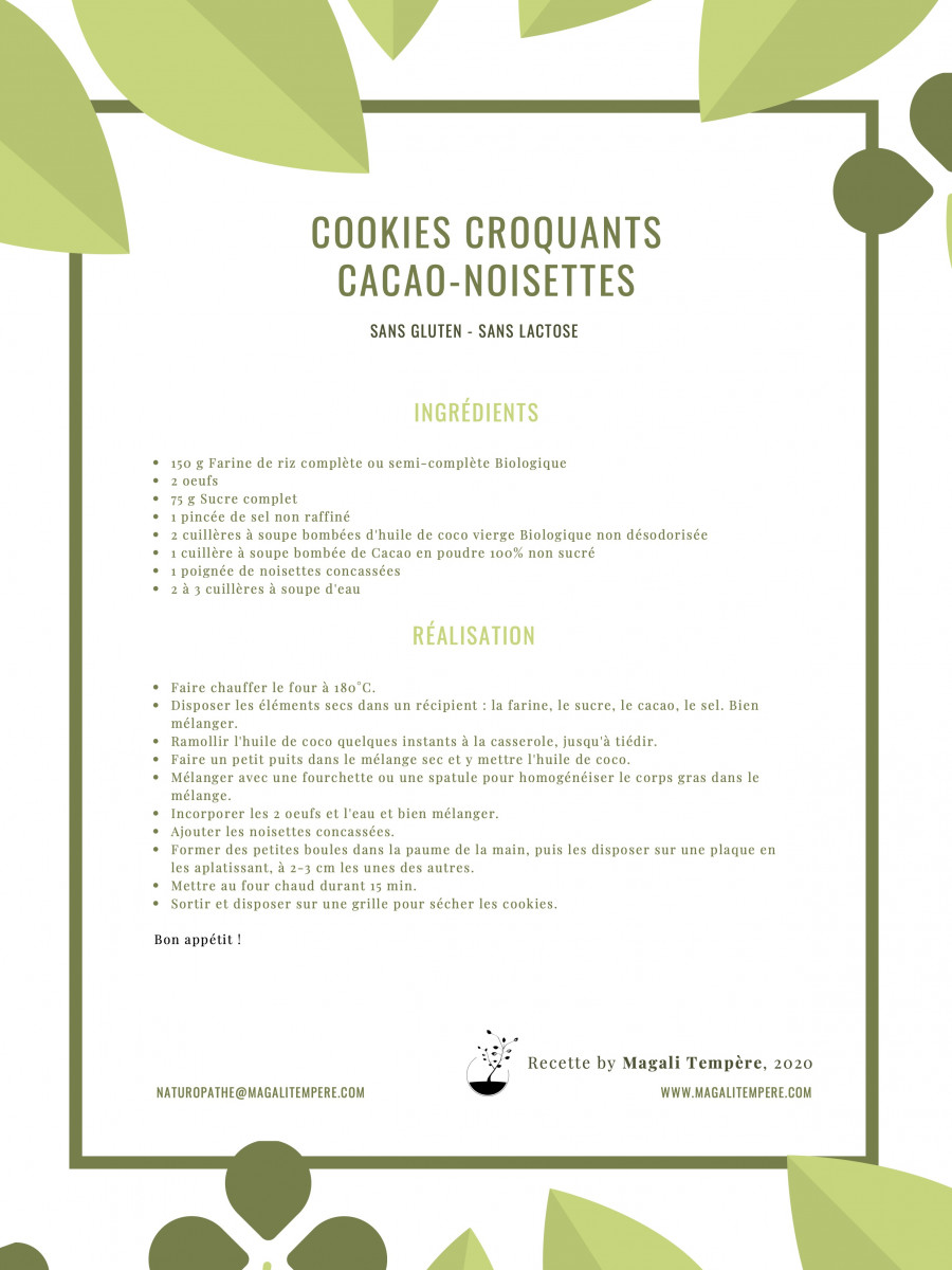 Recette Cookies croquants cacao-noisettes sans gluten ni lactose