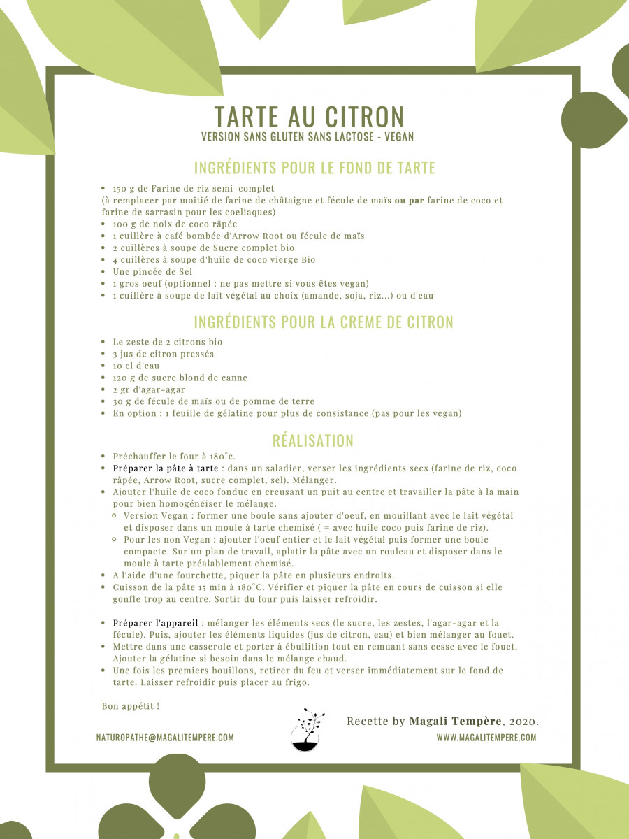 Recette de tarte au citron (sans gluten, sans lactose - avec version vegan)