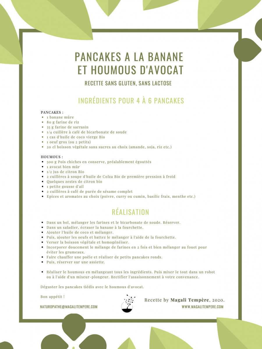 Pancakes à la banane et houmous d'avocat sans gluten sans lactose