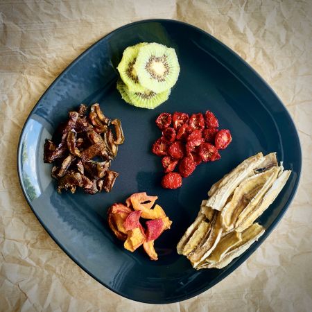 Assiette contenant des fruits déshydratés (kiwi, prune, tomates, pêches, bananes)